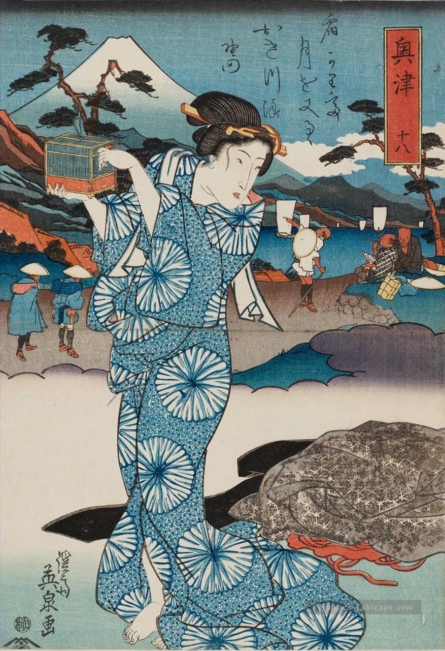 Okitsu no 18 d’une série sans titre des 53 stations de la route t kaid 1830 Keisai, Ukiyoye Peintures à l'huile